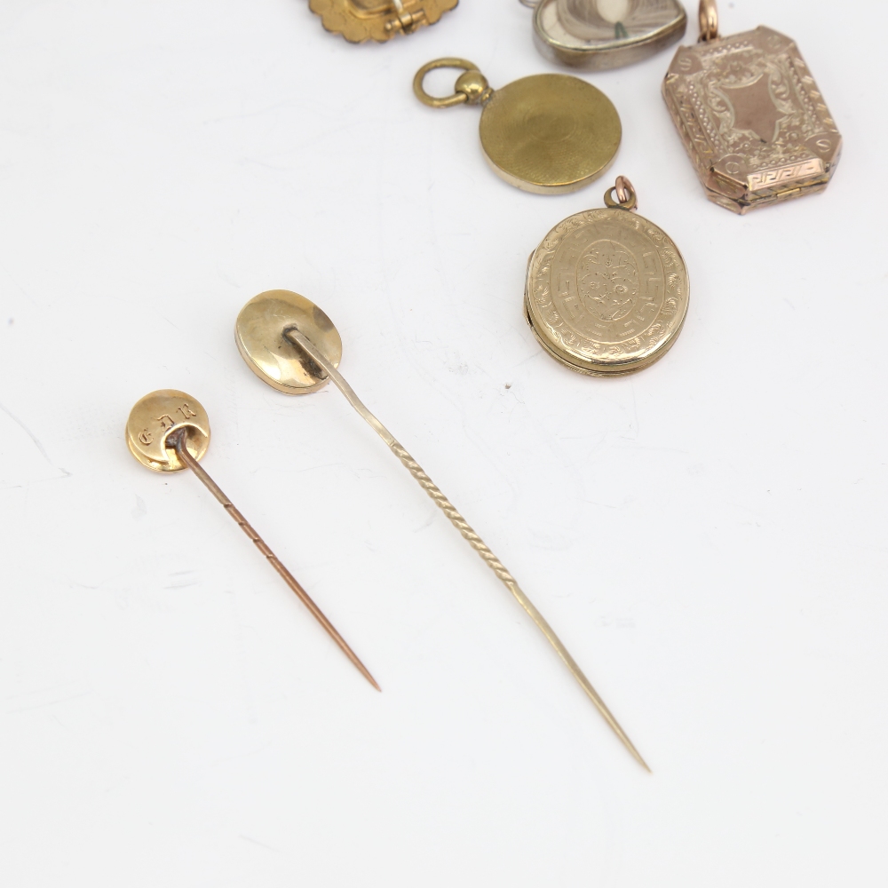 A group of Antique mourning jewellery, including photo pendant lockets, woven hair stickpins, brooch - Image 4 of 5