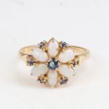 A late 20th century 14ct gold sapphire and opal cluster flowerhead ring, set with marquise