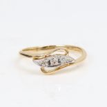A mid-20th century 18ct gold 3-stone diamond crossover ring set with single and round-cut