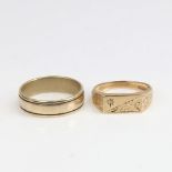 2 late 20th century 9ct gold rings, comprising diamond signet ring and wedding band ring, sizes P