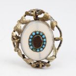 A Victorian unmarked yellow metal chalcedony turquoise and hair panel mourning brooch, floral