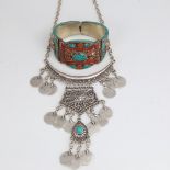 A Mexican silver-gilt stone set hinged cuff bracelet, and Treaty Aztec design necklace, length 44cm,