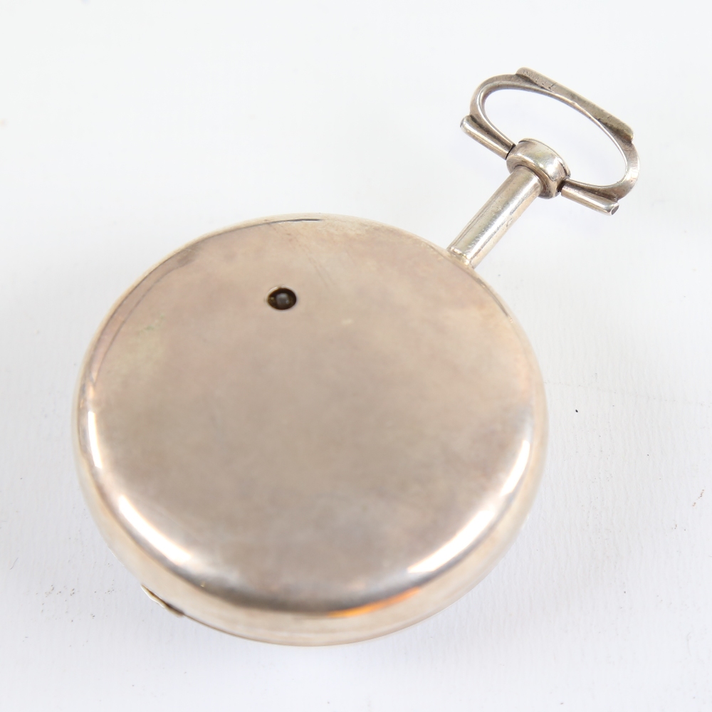 An 18th century silver pair-cased open-face keywind Verge pocket watch, white enamel dial with - Image 3 of 19