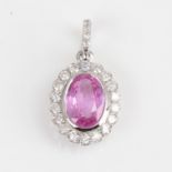 A modern 14ct white gold pink sapphire and diamond cluster drop pendant, set with oval mixed-cut