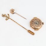 Various gold jewellery, including lady's 9ct mechanical wristwatch, 9ct anchor stickpin, and