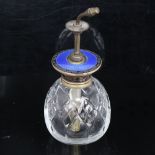 A George V Art Deco blue enamel and silver-mounted glass dressing table perfume atomiser, by Henry