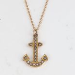 An early 20th century 9ct gold split-pearl anchor pendant necklace, on 9ct chain, pendant height