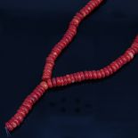 A string of red coral beads, necklace length 34cm, 65.3g No damage or repair, currently on nylon