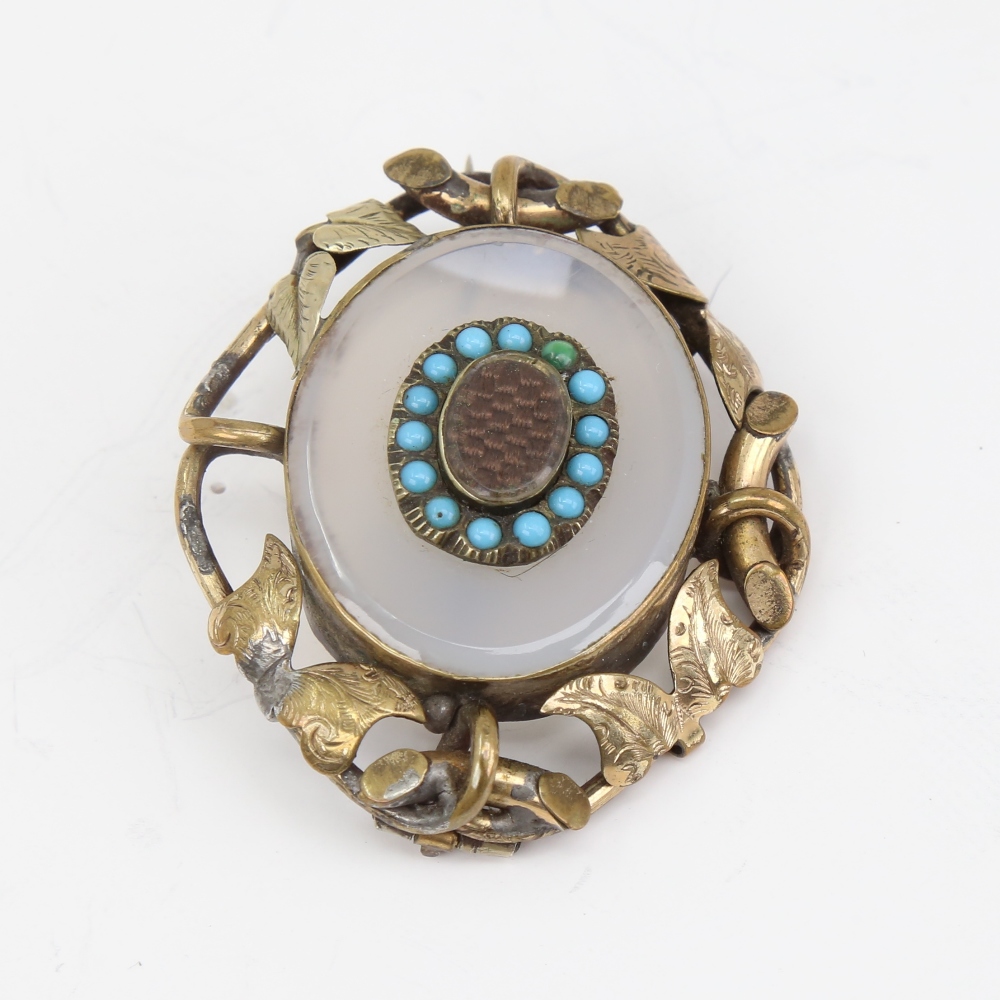 A Victorian unmarked yellow metal chalcedony turquoise and hair panel mourning brooch, floral - Image 5 of 5