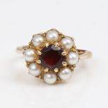 A late 20th century unmarked gold garnet and pearl cluster ring, setting height 14.5mm, size I/J,