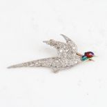 A Victorian unmarked gold diamond and enamel figural pheasant brooch, modelled in flight with