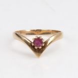 A late 20th century 9ct gold ruby wishbone ring, set with round-cut ruby, hallmarks Birmingham 1979,