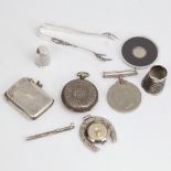 Silver Vesta case, silver fob watch, Festina horseshoe fob watch, silver thimble etc Lot sold as