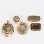 5 pieces of Antique mourning jewellery, comprising 4 brooches and 1 pendant, all with woven and
