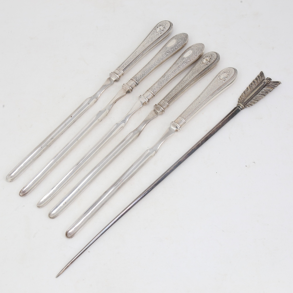 A set of 5 Antique silver plated marrow scoops, and a silver plated arrow meat skewer, length