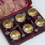 A Victorian set of 6 silver salt cellar cruets and spoons, by Horace Woodward & Co, hallmarks London