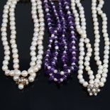3 Vintage necklaces, including amethyst and pearl example with 9ct clasp, long single-strand pearl