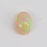 A 1.54ct unmounted oval cabochon white opal, dimensions: 9.11mm x 6.96mm x 4.55mm, 0.32g, with GJSPC