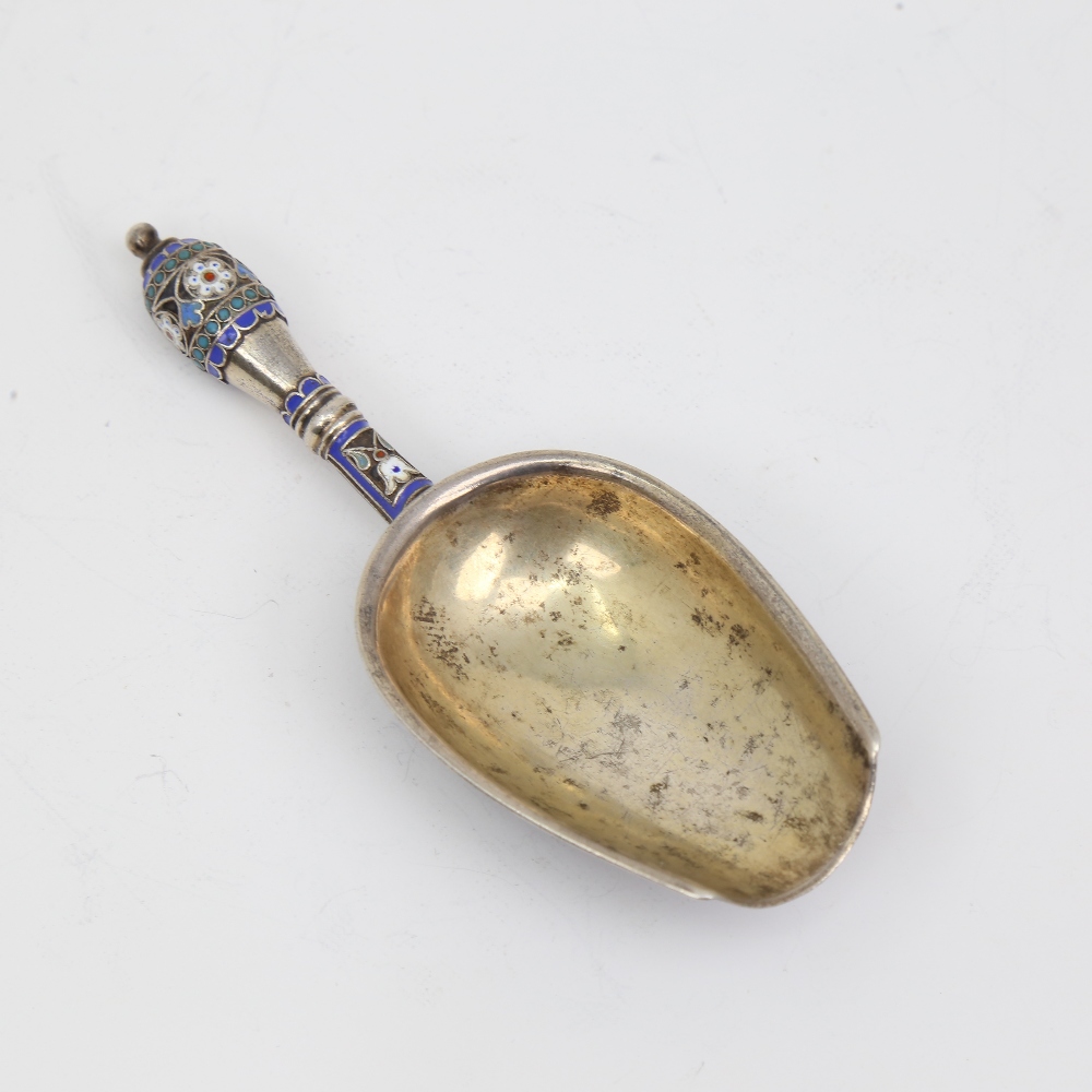 A Russian silver and champleve enamel sugar shovel, mark of Antip Kuzmichev of Moscow, made for - Image 2 of 5