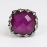 A large modern designer sterling silver and amethyst ring, large facet-cut amethyst with Gothic