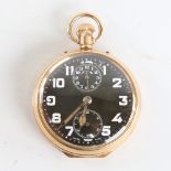 ZENITH - a First World War Period gold plated open-face top-wind alarm pocket watch, black dial with