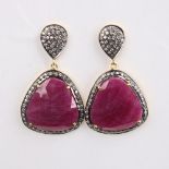 A modern pair of unmarked silver-gilt ruby and CZ drop earrings, earring height 39mm, 10.4g No
