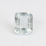 A 4.25ct unmounted rectangular emerald step-cut aquamarine, dimensions: 11.08mm x 9.21mm x 5.68mm,