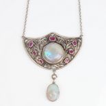 An Arts and crafts style unmarked silver opal ruby and pearl pendant necklace, set with large