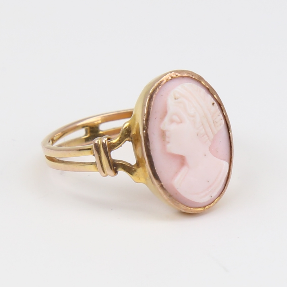 An unmarked gold relief carved pink coral cameo ring, depicting female profile, setting height 16mm, - Image 3 of 5