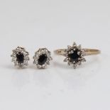 A late 20th century 9ct gold sapphire diamond and cubic zirconia cluster matching ring and stud