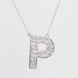 A modern 9ct white gold diamond initial P pendant necklace, set with old-cut diamonds, total diamond