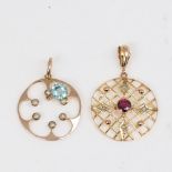 2 early 20th century 9ct gold stone set pendants, largest diameter 24.3mm, 2.9g total (2) Lattice