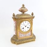 A French gilt-brass and Sevres Rose Pompador porcelain panel 8-day mantel clock, by Charles
