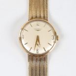 LONGINES - a Vintage 9ct gold mechanical wristwatch, circa 1966, silvered dial with quarterly gilt
