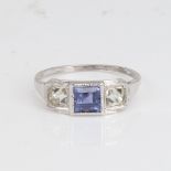 A French Art Deco style 18ct white gold 3-stone sapphire and diamond panel ring, set with square-cut