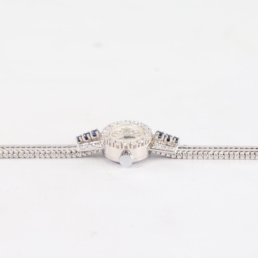 A lady's Vintage 18ct white gold diamond and sapphire mechanical cocktail wristwatch, brushed - Image 4 of 5