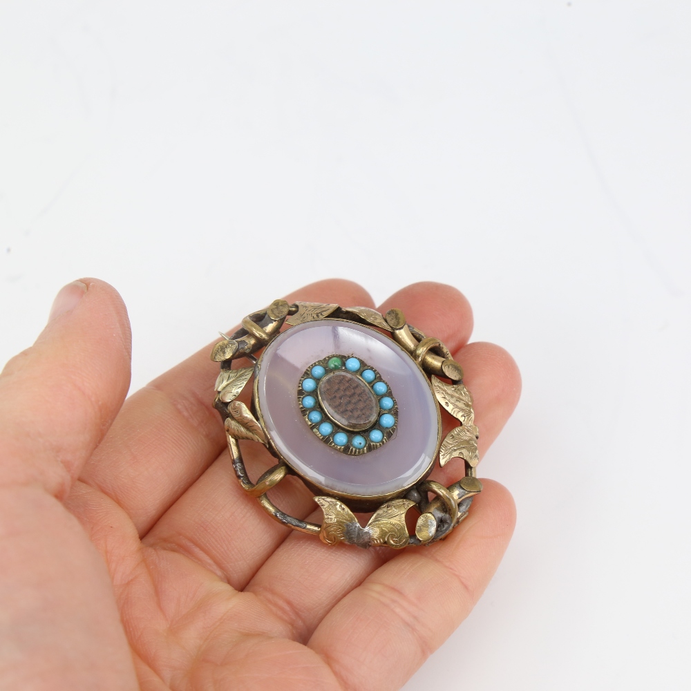 A Victorian unmarked yellow metal chalcedony turquoise and hair panel mourning brooch, floral - Image 4 of 5