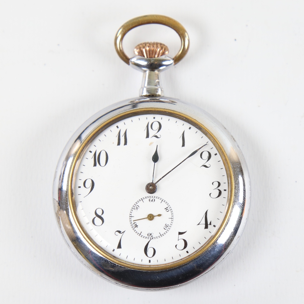 An Art Deco chrome plated novelty erotic open-face top-wind pocket watch, by Brevet, white enamel
