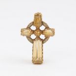 An Antique unmarked yellow metal citrine and white enamel Celtic cross brooch, brooch length 37.2mm,