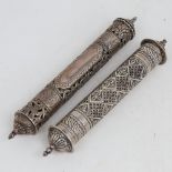 2 Eastern unmarked white metal scroll holders, allover pierced and engraved foliate decoration,