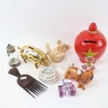 Perfume bottles, Royal Doulton Peke, piggybank etc