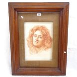 Sanguine chalk drawing, portrait of a woman, sheet size 45cm x 39cm, loose frame