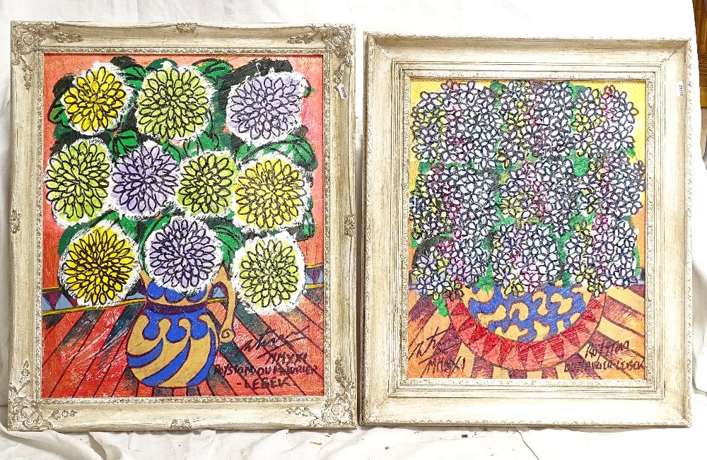 Royston Du Maurier-Lebek, 2 acrylics on board, hydrangeas and chrysanthemums, framed, 54cm x 64cm