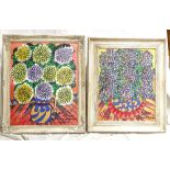 Royston Du Maurier-Lebek, 2 acrylics on board, hydrangeas and chrysanthemums, framed, 54cm x 64cm