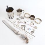 Various silver, including thistle christening mug, napkin ring, hinged bangle, cufflinks etc, 11.6oz