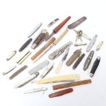Various fruit knives and multi-tools, including 2 silver-bladed examples with mother-of-pearl