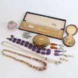 A tray of costume jewellery, to include carved amethyst bead necklace and drop earrings, glass