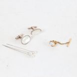 A pair of sterling silver mother-of-pearl cufflinks, 3 pearl tie pins, and a gold plated dress pin