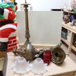 A pair of Continental brass pricket candlesticks, 70cm, and a Moroccan style hanging lantern