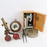 A Vintage brass student's microscope and another, cricket balls etc